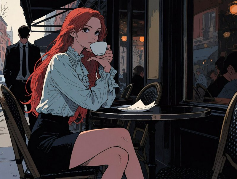 Long red haired anime woman sipping coffee at an outdoor city cafe table