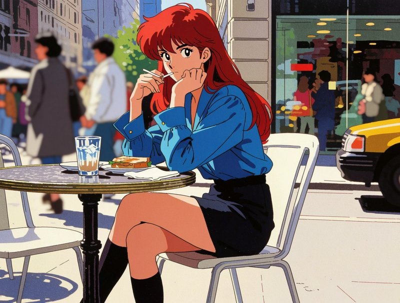 Retro 90s anime red-haired woman sits at a sunny downtown sidewalk cafe with lunch