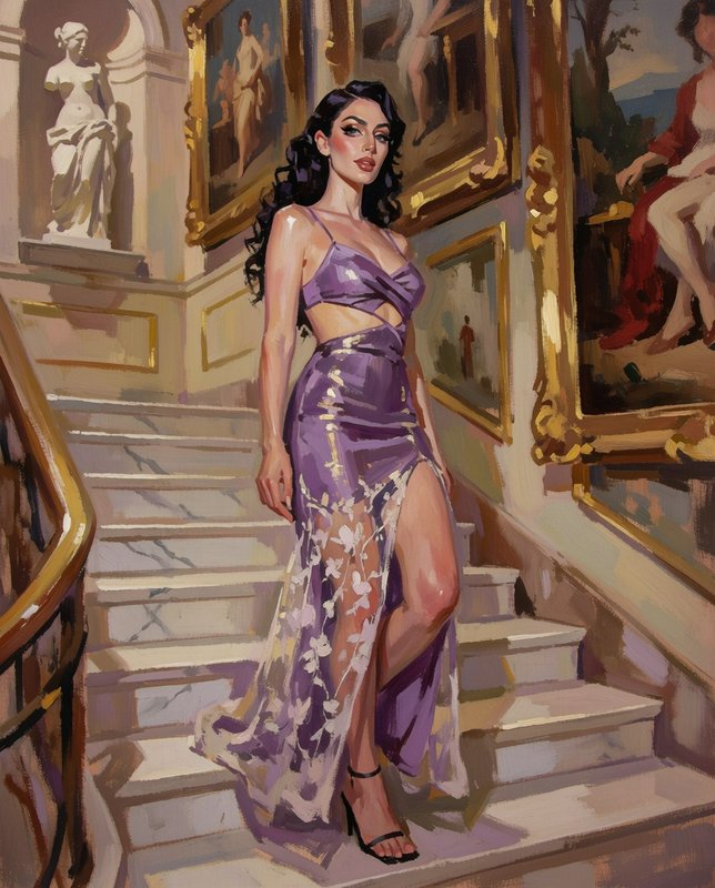 Glamorous woman in a silky purple gown stands on a grand marble staircase in an opulent art gallery