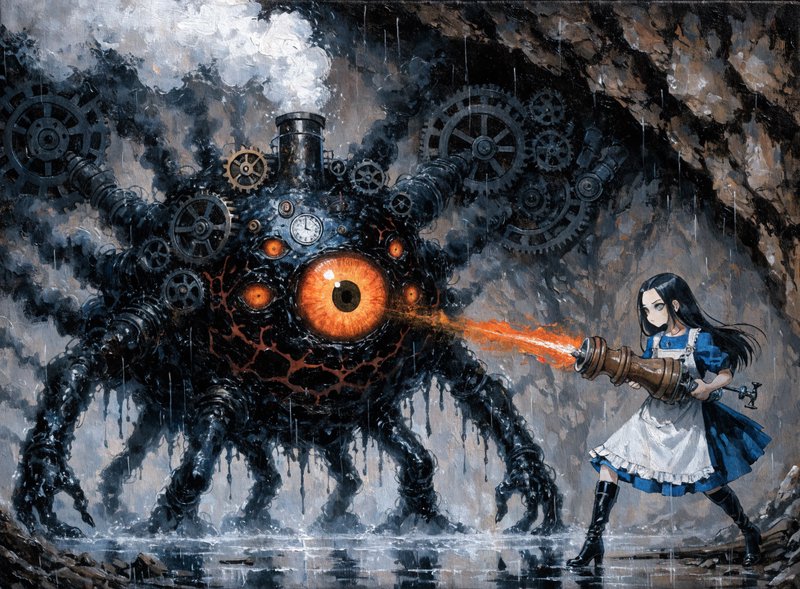 Alice from Wonderland fires a steampunk flamethrower at a giant mechanical eye monster in a rainy cave