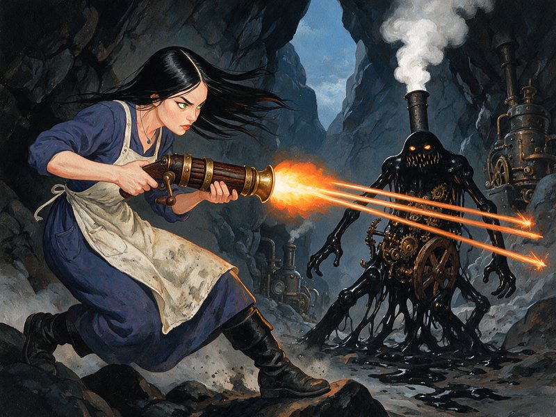 Determined young woman fires a steampunk energy gun at a menacing mechanical sludge monster in a rocky cave.