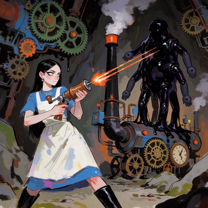 Steampunk girl fires a ray gun at a multi-armed sludge robot inside a gear-filled industrial cavern