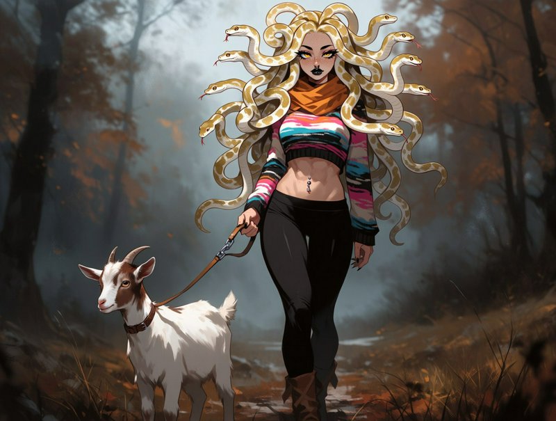 Casual modern Medusa walks a pet goat along a path in a misty autumn forest