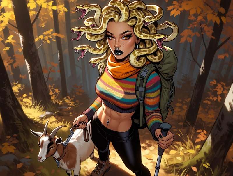Modern Medusa hiker with snake hair trekking with a pet goat through a golden autumn forest