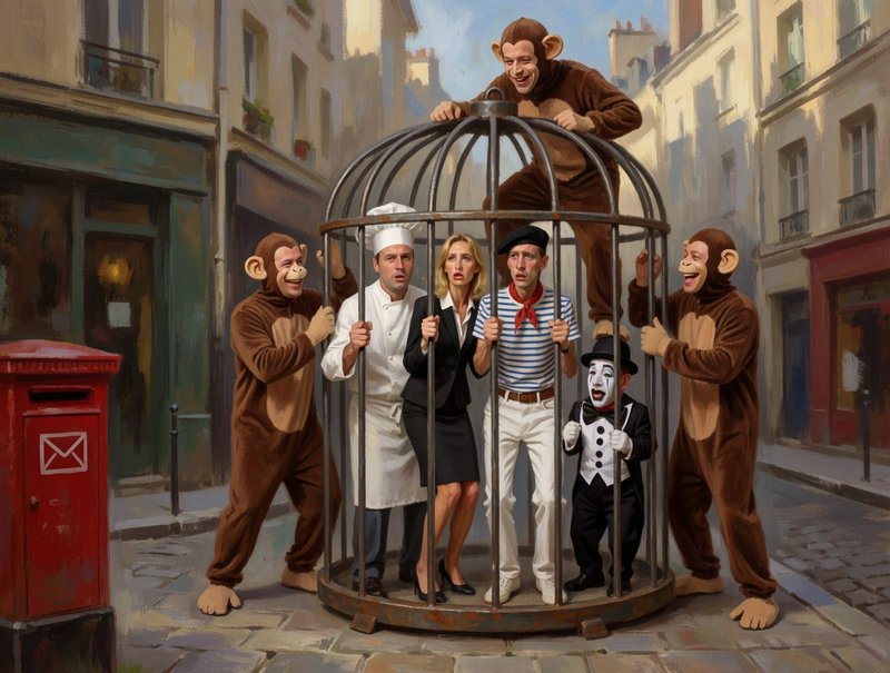 Surreal oil painting of a group trapped in a metal birdcage on a sunlit Parisian cobblestone street