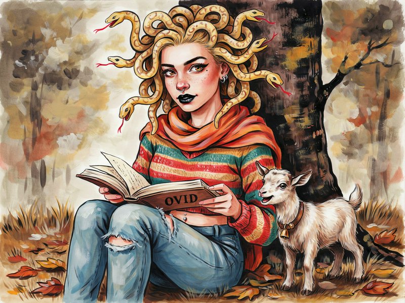 Modern Medusa with snake hair reads an Ovid book beside a baby goat in an autumn forest