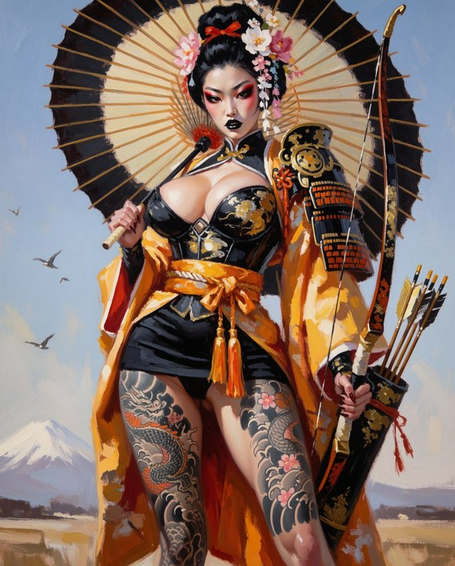 Fantasy samurai geisha warrior holds a bow and paper parasol, with Mount Fuji in the distant background.