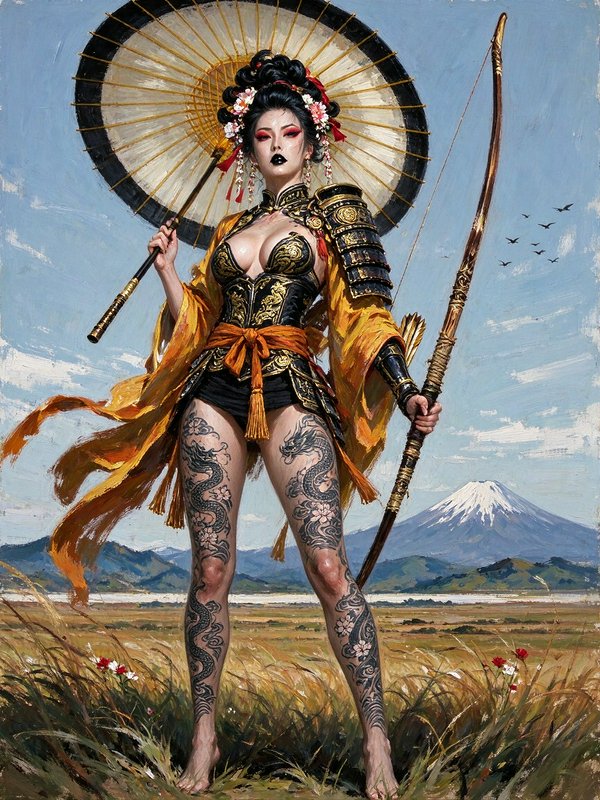 Armored tattooed female warrior holds a bow and parasol standing in a grass field before Mount Fuji