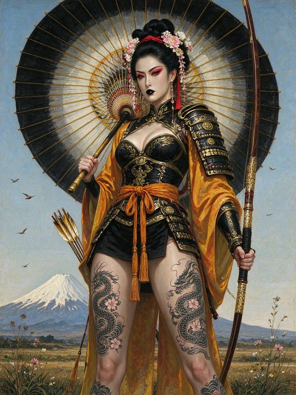 Armored female samurai archer with dragon tattoos holds a bow and paper parasol, Mount Fuji in the background