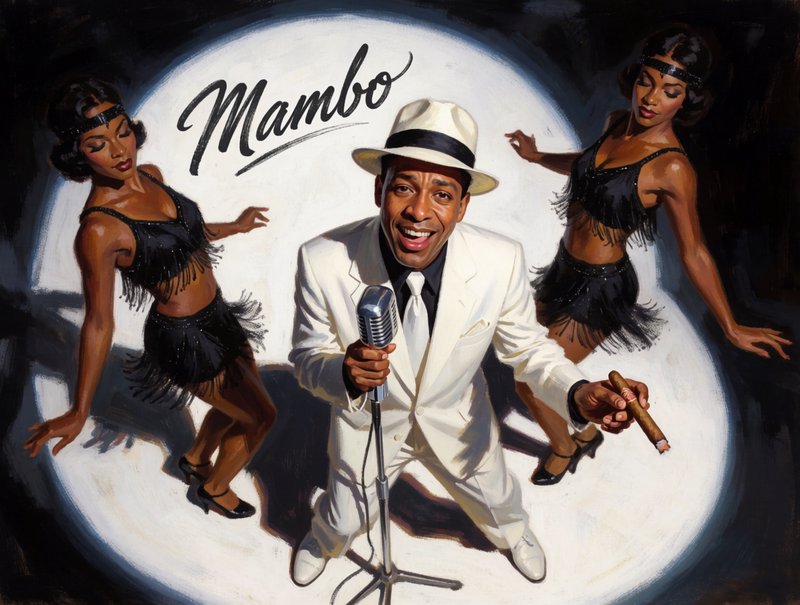 Smiling mambo performer in a white suit stands between two flapper dancers under a stage spotlight
