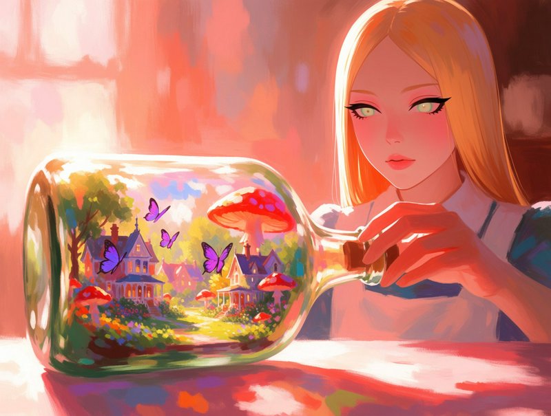 Blonde anime girl examines a glass bottle holding a tiny whimsical fairy village with purple butterflies and red mushrooms
