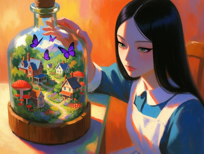 Young dark-haired girl observes a glass terrarium bottle holding a tiny village, mushrooms, and purple butterflies
