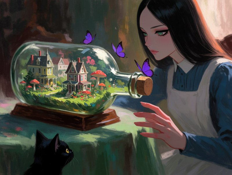 Anime girl gazing at a miniature village in a glass bottle with purple butterflies and a black cat