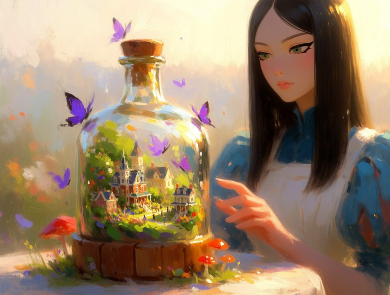 Young anime style woman observes a tiny village inside a glass bottle as purple butterflies flutter around