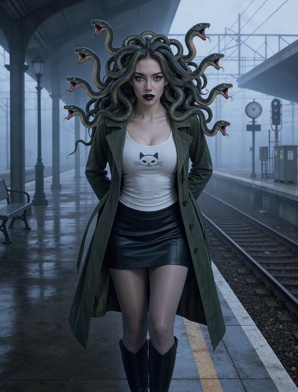 Modern Medusa with hissing snake hair stands on a foggy wet train station platform