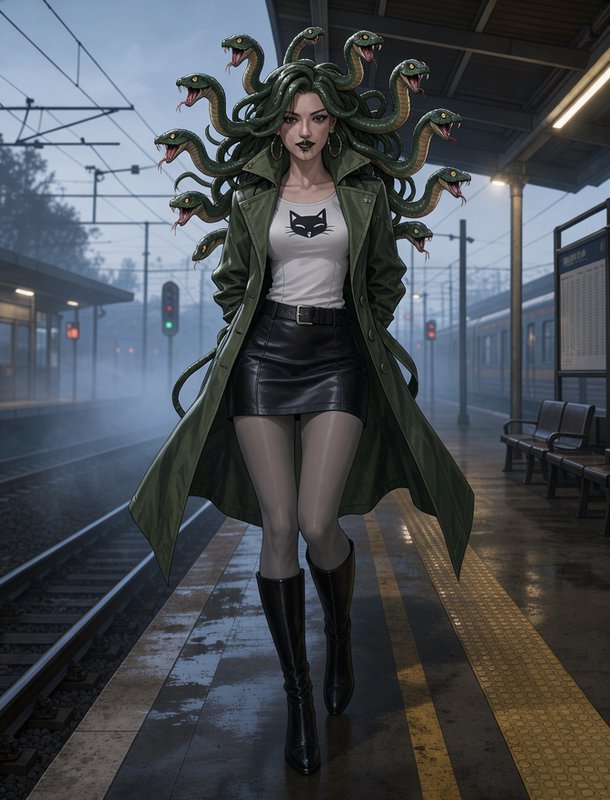 Modern Medusa with serpent hair walks on a misty wet suburban train station platform