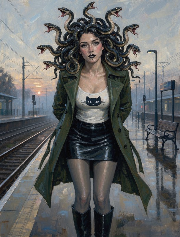 Modern Medusa with hissing snake hair stands on a rain-soaked train platform at hazy dusk