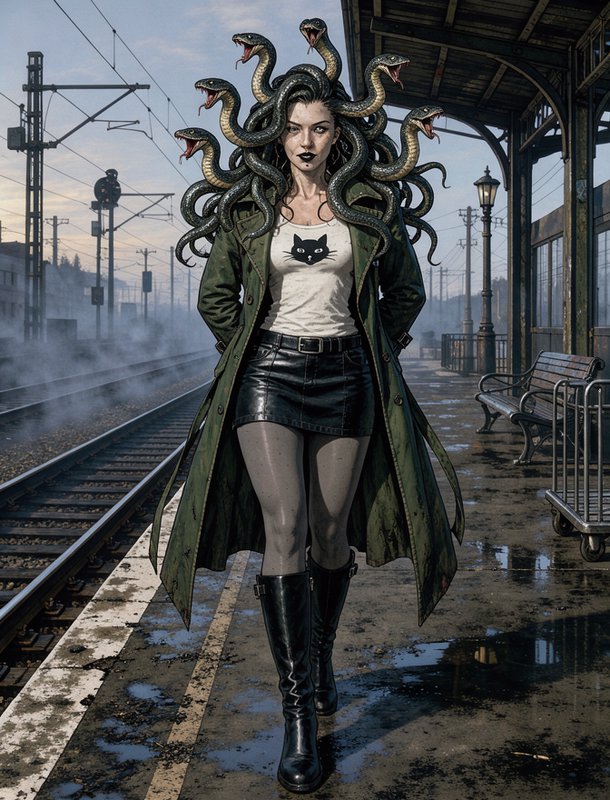 Modern Medusa with coiling hissing snake hair stands on a misty rain-soaked train station platform