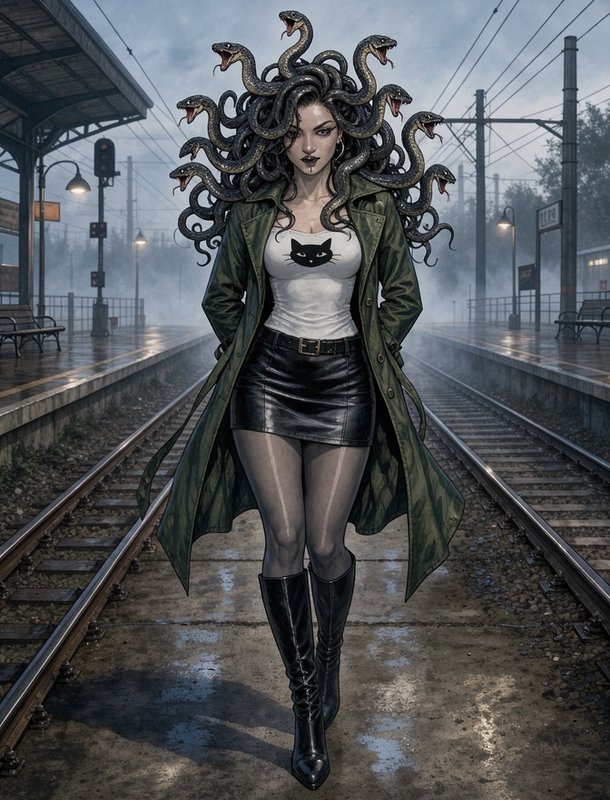 Modern Medusa with coiled hissing snake hair stands on a foggy wet railway station platform