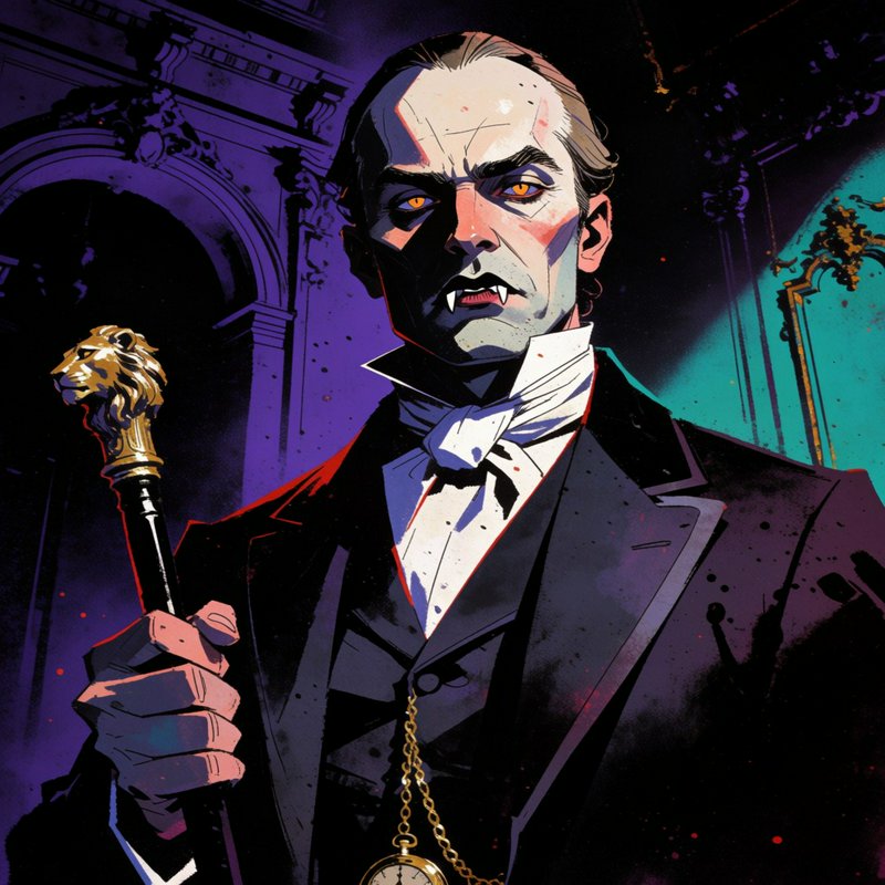 Menacing aristocratic Count Dracula vampire holding a lion head cane in a dark gothic mansion