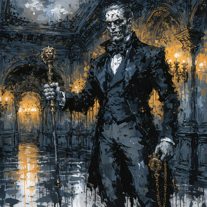 Menacing undead vampire lord in formal victorian wear holds a lion-headed cane and pocket watch in a grand gothic mansion