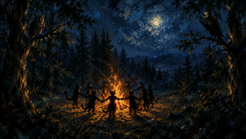 Anthropomorphic cats hold hands dancing in a circle around a campfire in a moonlit forest watched...