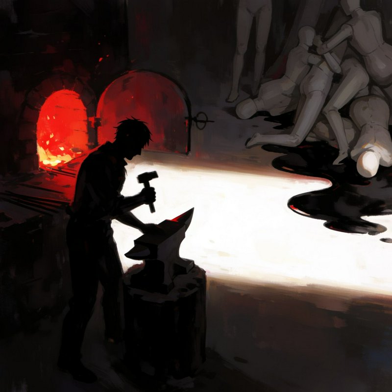 Silhouetted blacksmith works at an anvil beside a glowing forge, with discarded mannequins in a d...