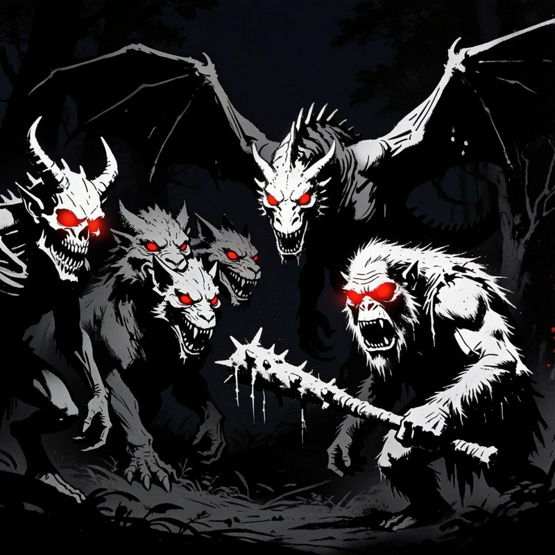 Menacing red-eyed dark fantasy monster horde gathers in a shadowy nighttime forest