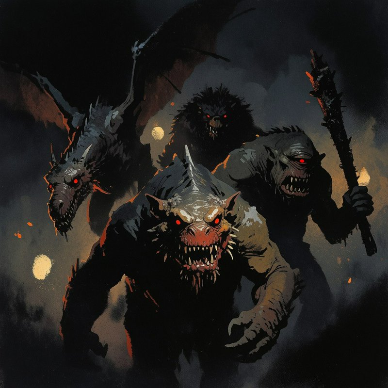 Group of snarling dark fantasy monsters with glowing red eyes advance toward the viewer through smoky haze.