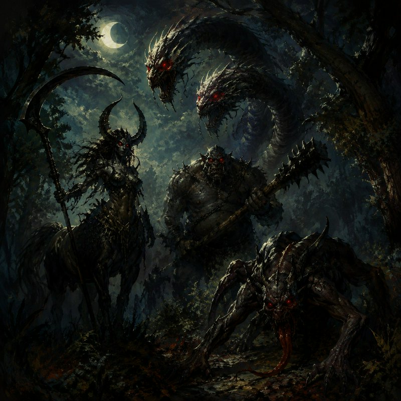 Group of glowing red-eyed demonic monsters gather under a crescent moon in a dark forest