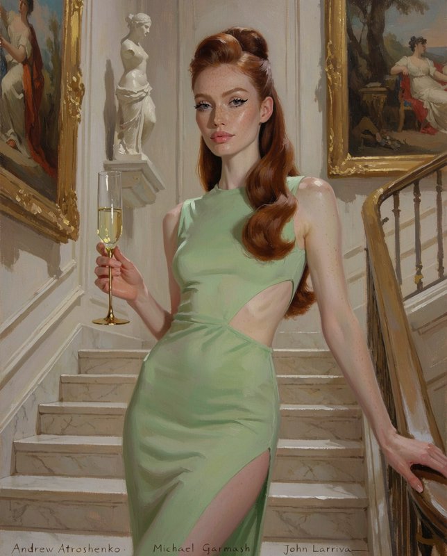 Elegant red-haired woman in a cutout sage green gown holds a champagne flute on a grand marble staircase