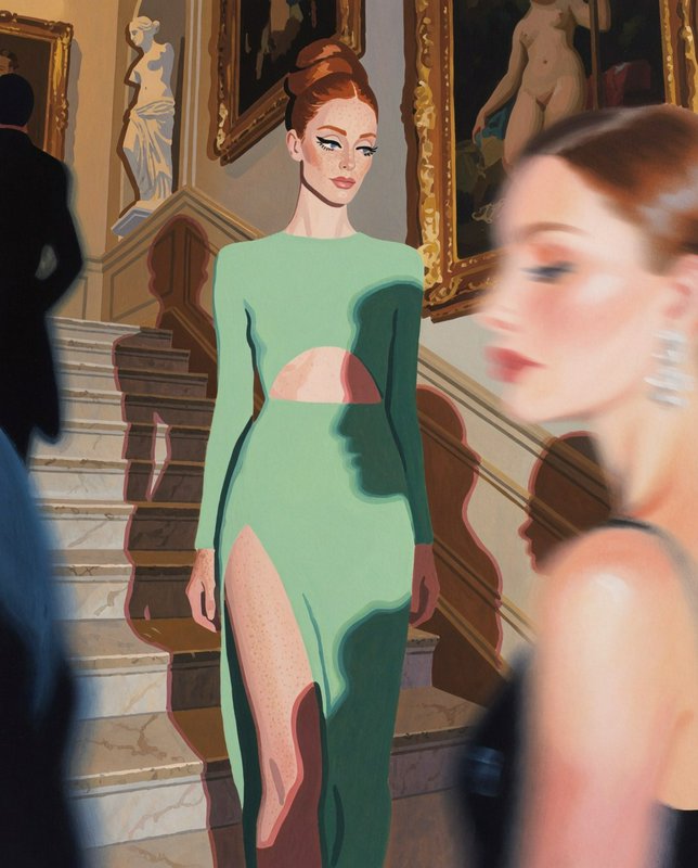 Elegant red-haired woman in a cutout green gown descending a grand marble staircase at a formal gala