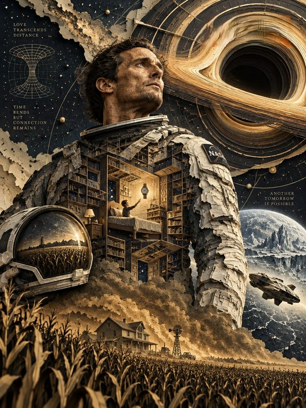 Surreal composite astronaut artwork with cutaway suit set against a cosmic backdrop and rural cor...