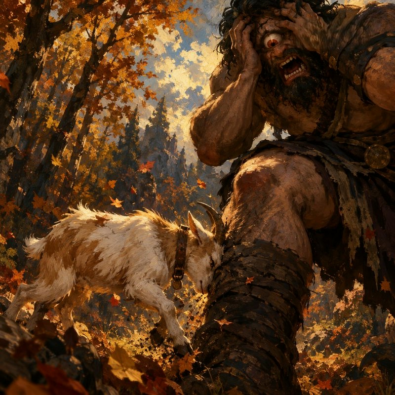 Distraught cyclops clutching his head while a shaggy goat rams his leg in a sunlit autumn forest