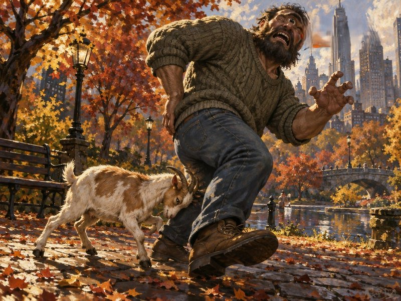 Distressed bearded man reacts as a small horned goat headbutts his leg on an autumn city park path