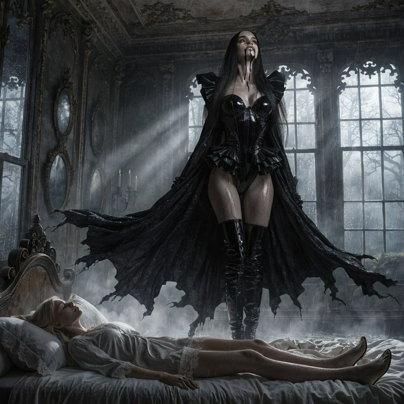 Tall gothic vampire stands over a sleeping woman inside a stormy decaying manor bedroom.