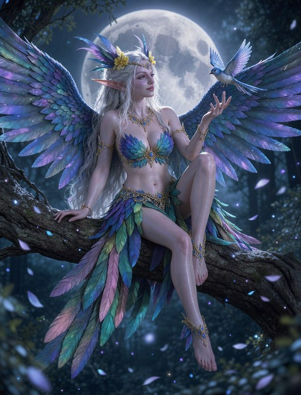 Winged elven faerie sits on a gnarled forest branch, a small songbird hovering above her outstret...