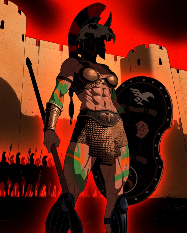 Muscular warrior in a skull plumed helmet holds spear and shield before a fortress under red sieg...