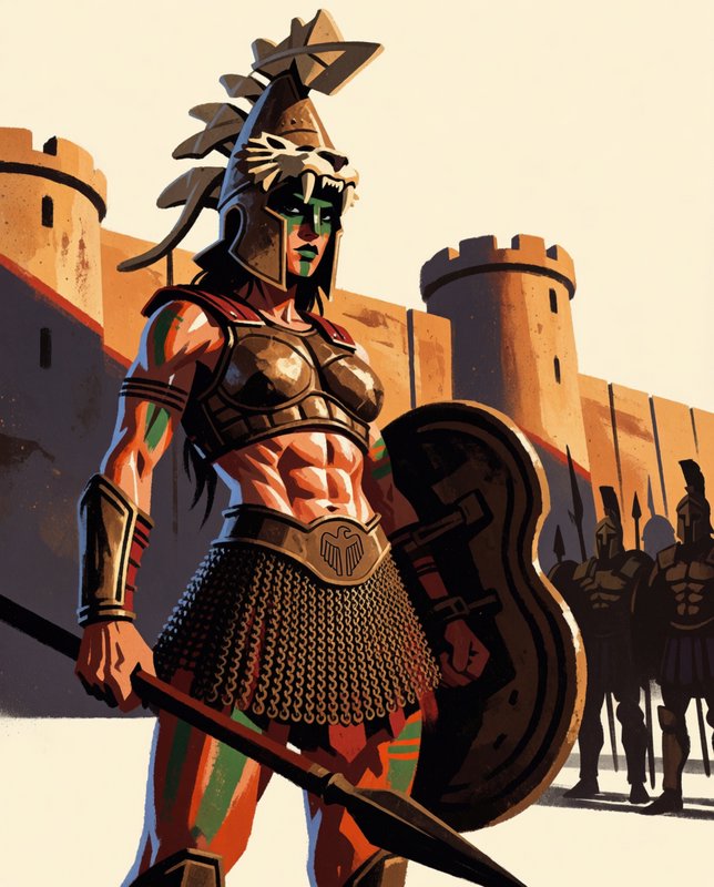 Fierce muscular female greek warrior holding a spear and shield stands before a stone fortress