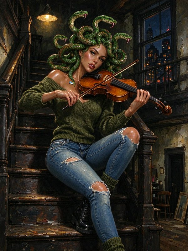 Modern Medusa with coiled green snake hair plays violin while seated on a worn wooden apartment s...