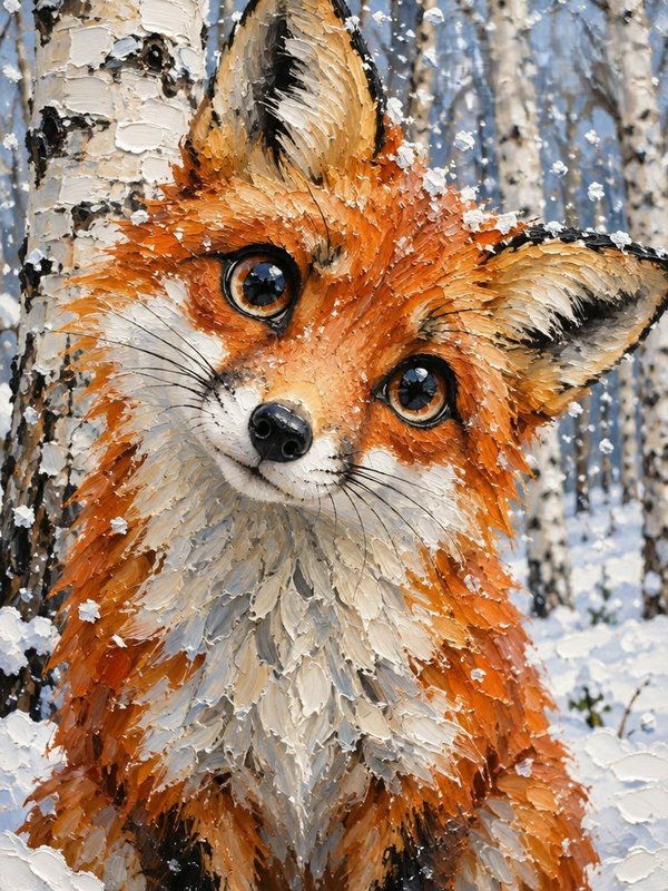 Impasto oil painting of a curious red fox sitting in a snowy winter birch forest as snow falls