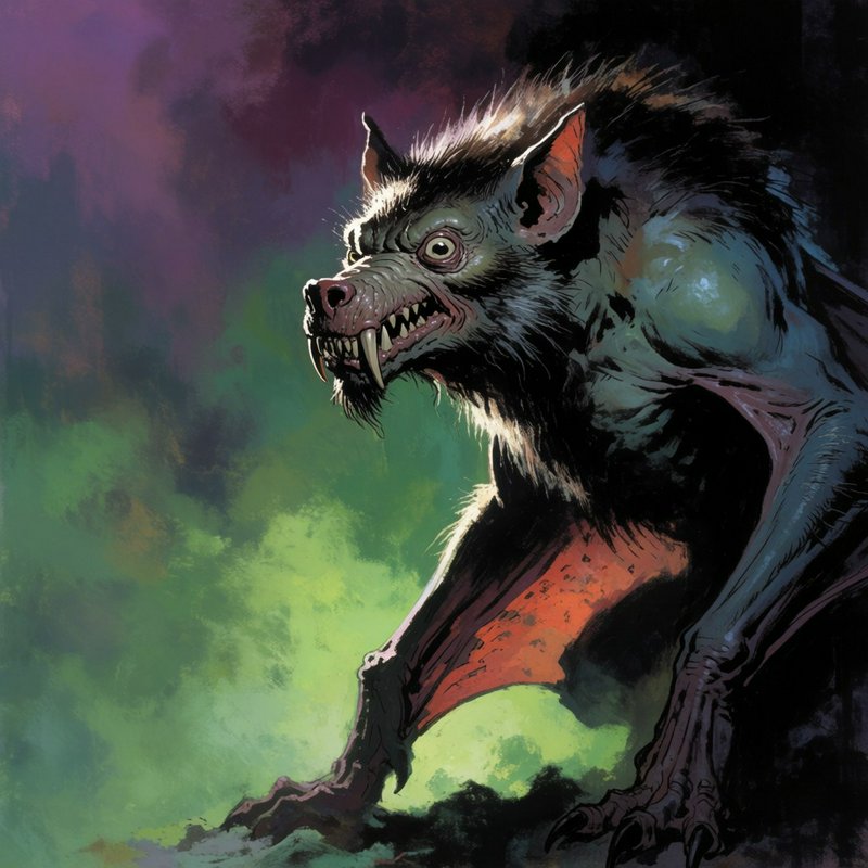 Snarling were-bat hybrid monster crouched against glowing smoky gothic background