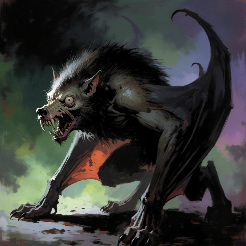 Snarling bat-winged werewolf cryptid crouched aggressively against a swirling misty dark sky