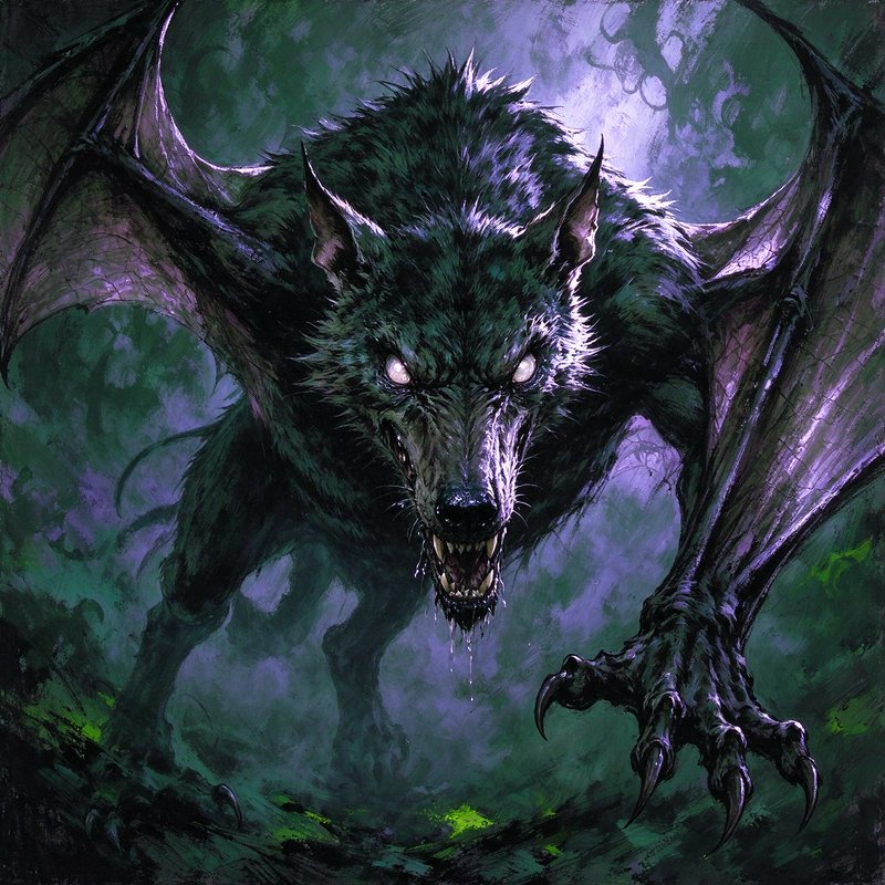 Snarling winged werewolf monster with glowing eyes looms aggressively in a misty dark swamp