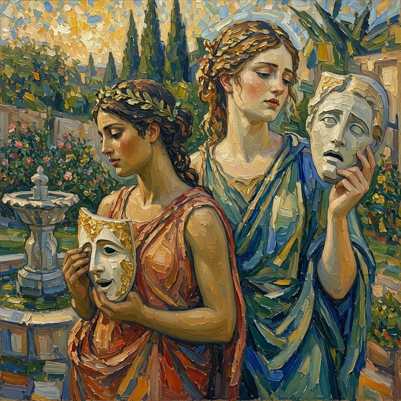 Two classical Greek women hold theatre masks in a sunlit garden impasto oil painting