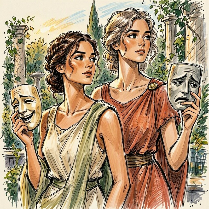 Two ancient Greek women holding comedy and tragedy theater masks in a sunlit villa garden