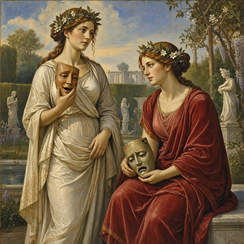 Two classical Greek muse figures holding comedy and tragedy theater masks in a sunlit formal garden
