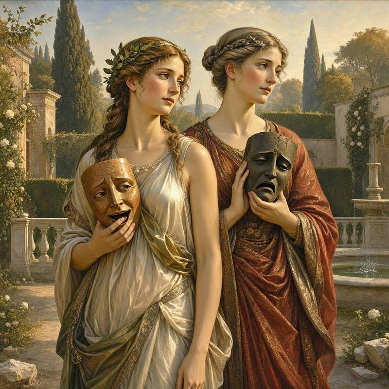 Two classical robed women holding tragedy theater masks stand in a sunlit formal villa garden