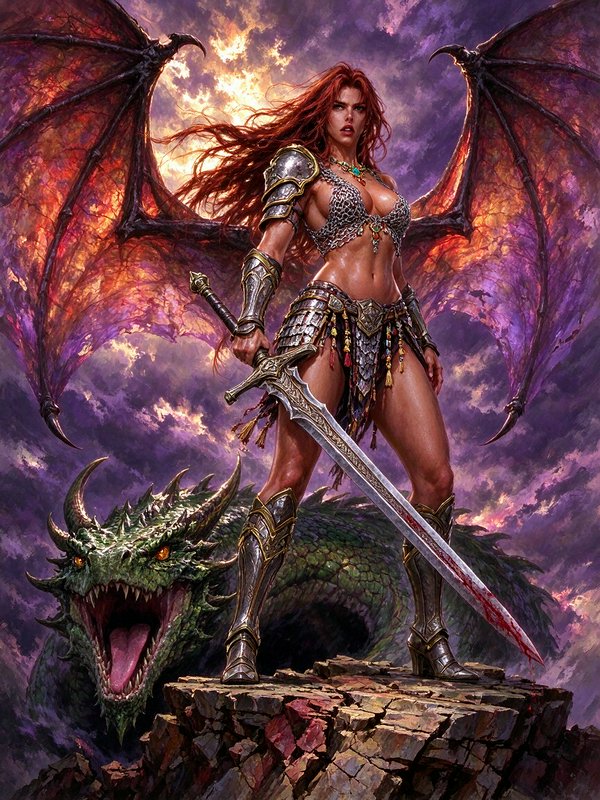 Fierce red-haired winged warrior stands on a rocky cliff holding a bloodied sword beside a snarling green dragon