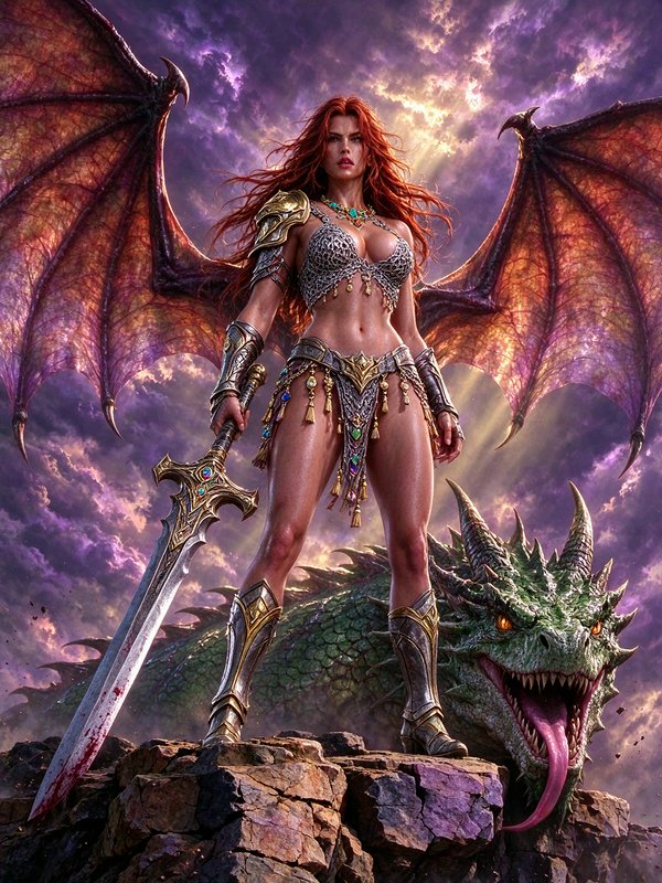 Red-haired winged fantasy warrior with a bloodied greatsword stands on a cliff beside a fierce green dragon under glowing